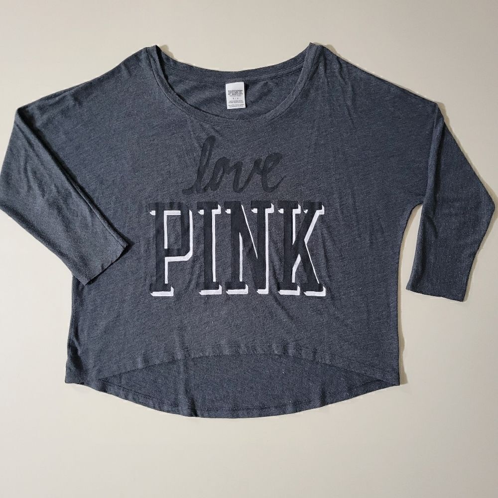 PINK Victoria's Secret Cropped Dolman Sleeve Gray Graphic Roundneck Top